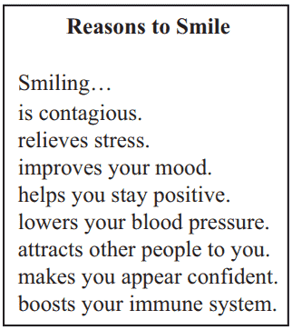 Reasons to Smile Reading Practice Test – 4